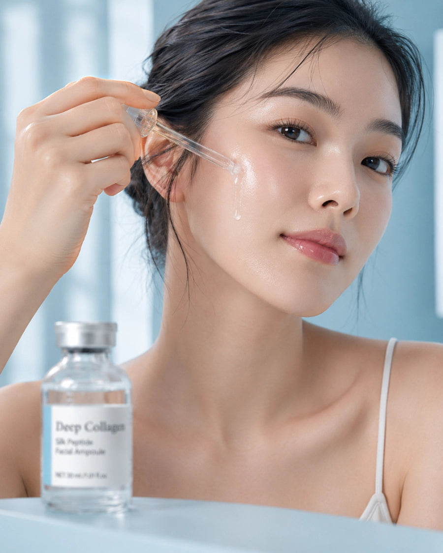 Woman applying Deep Collagen Silk Peptide Ampoule by LoveThySelf with a dropper