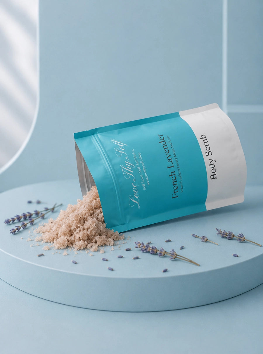 LoveThySelf French Lavender Body Scrub with exfoliating scrub spilling from an open pouch, styled with dried lavender sprigs
