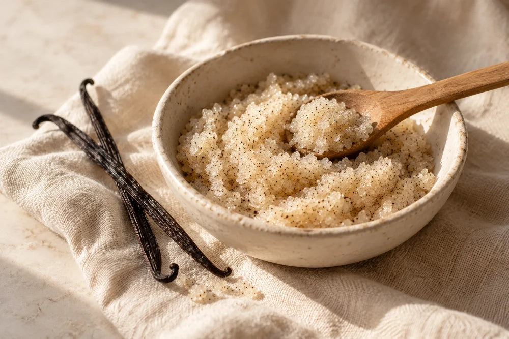 Vanilla body scrub in a ceramic bowl with a wooden spoon and vanilla pods on cream linen.