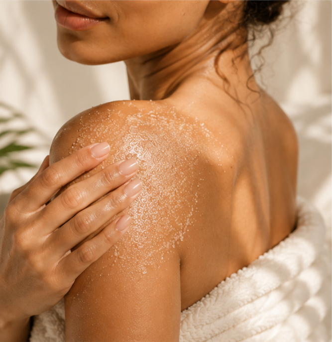 Woman applying body scrub as part of a body care routine