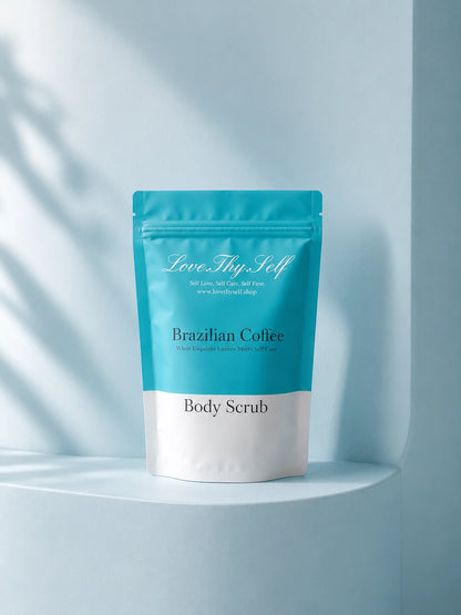 Brazillian Coffee Body Scrub packaging displayed on a light blue shelf