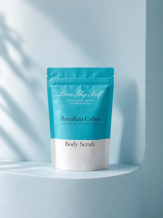 Brazillian Coffee Body Scrub packaging displayed on a light blue shelf