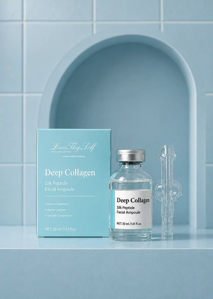 Deep Collagen facial ampoule packaging with bottle and box on a blue tiled background by Lovethyself