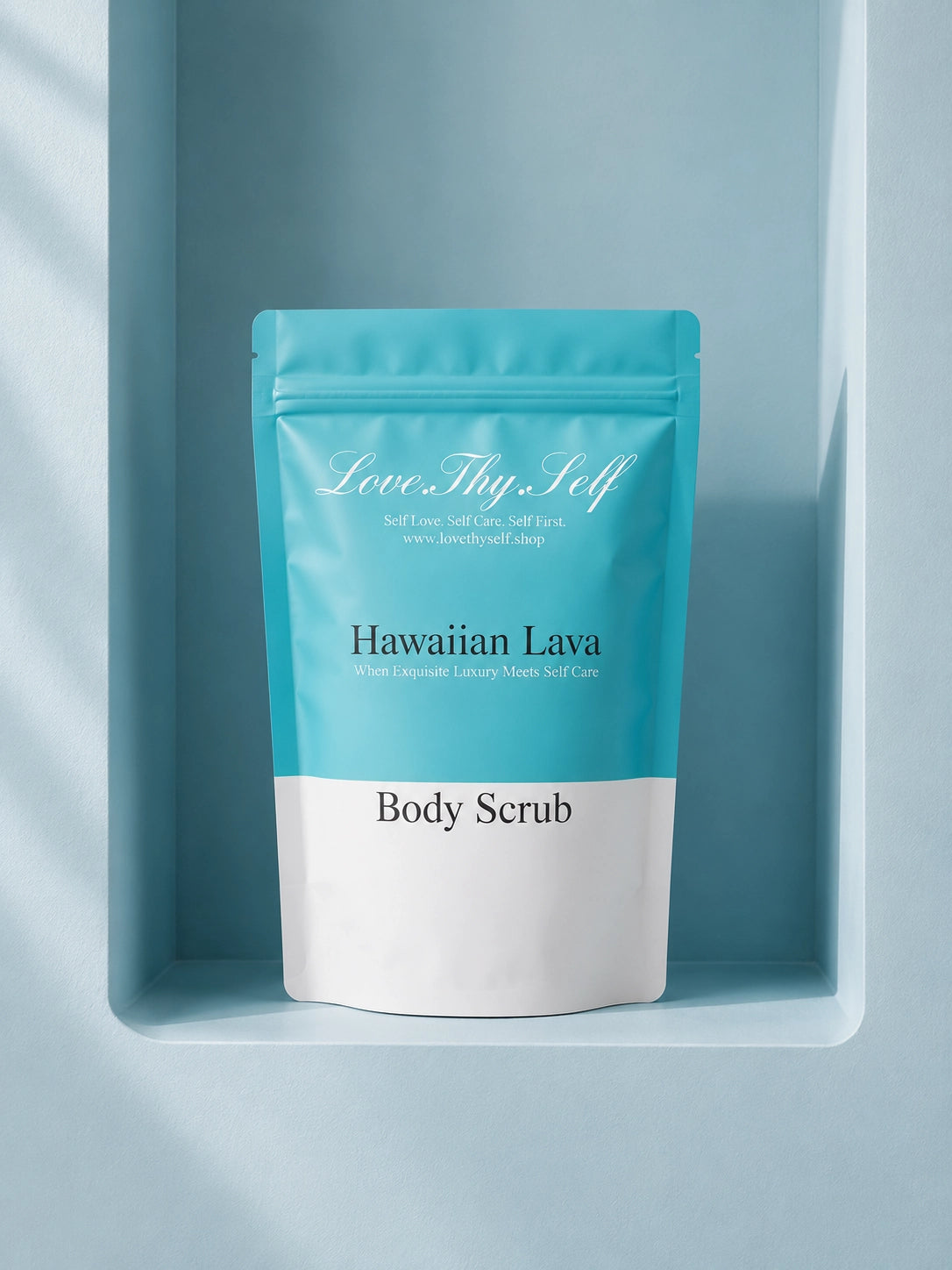 Hawaiian Lava Body Scrub packaging displayed in a light blue display niche