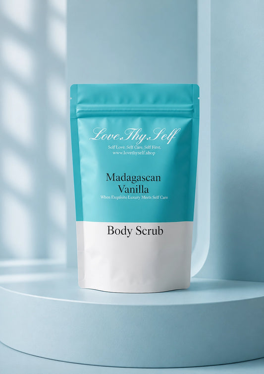 Madagascan Vanilla Body Scrub by LoveThySelf displayed on a light blue shelf