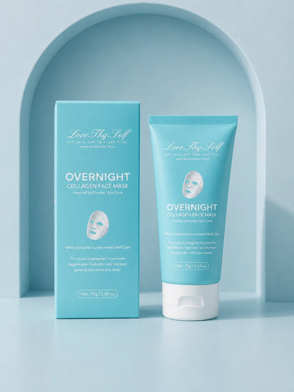 Overnight collagen face mask packaging and tube on a light blue background