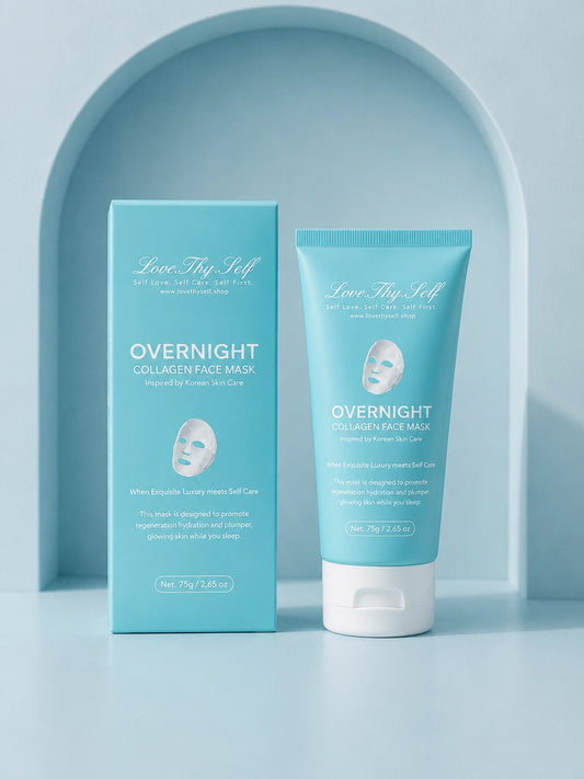 Overnight collagen face mask packaging and tube on a light blue background