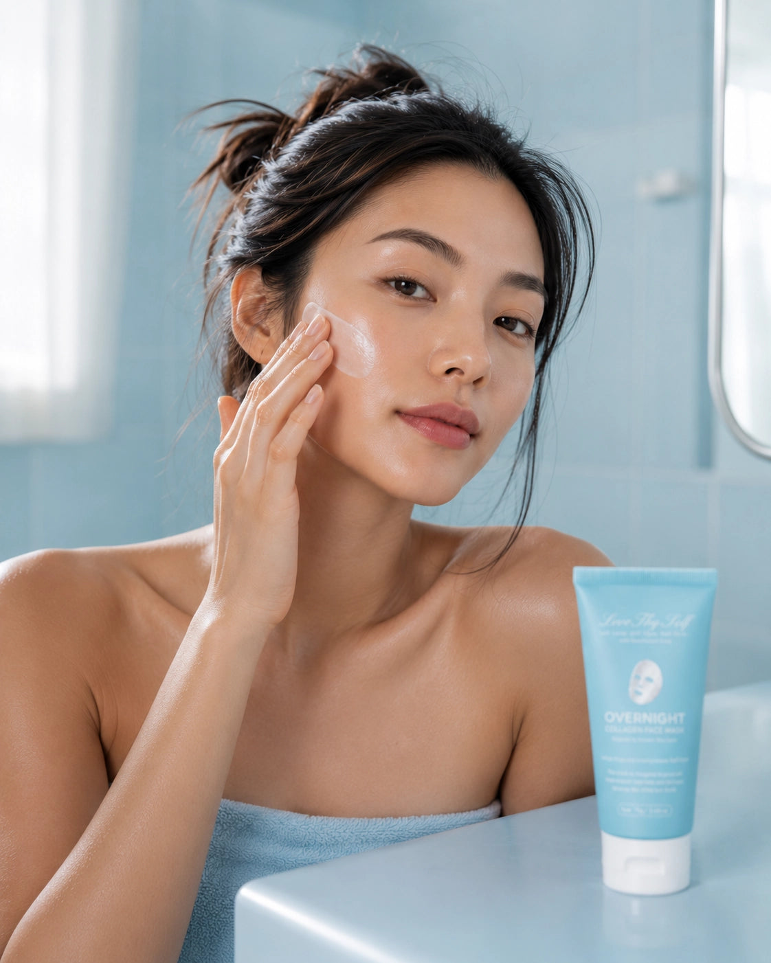 Woman applying Overnight Collagen Face Mask with product tube displayed on a light blue vanity