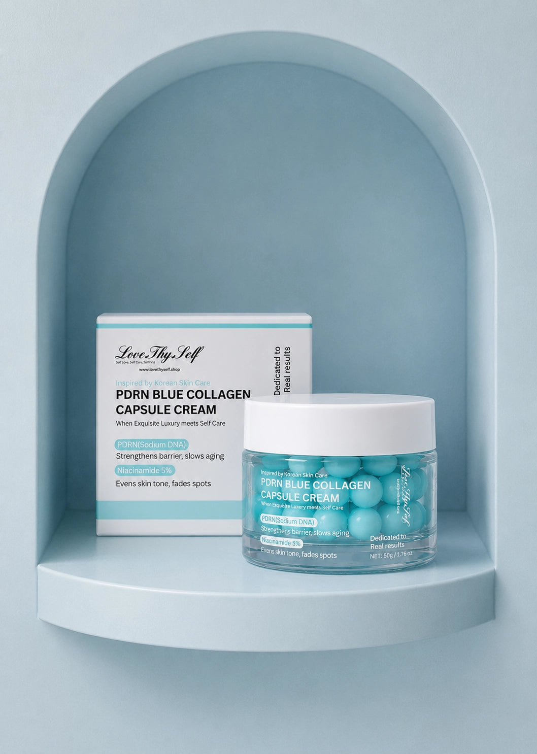 PDRN Blue Collagen Capsule Cream and product packaging displayed in a light blue arch shelf