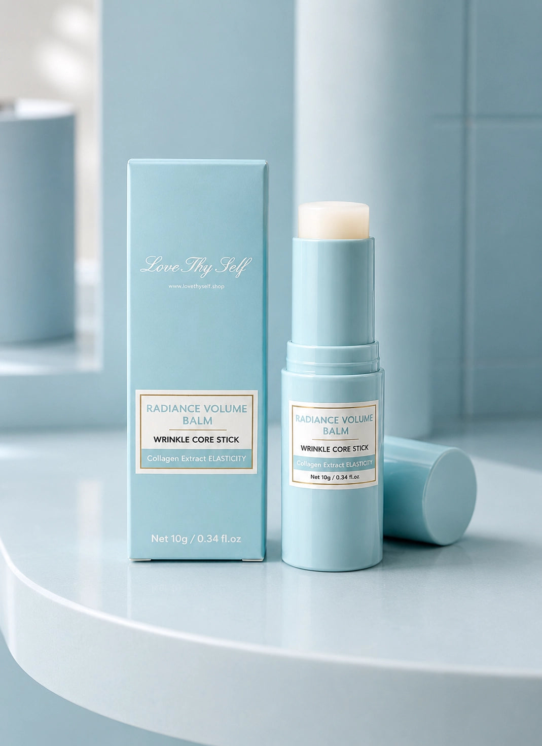 Radiance Volume Balm Wrinkle Core Stick and product box displayed on a light blue surface