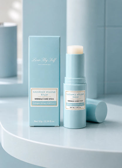 Radiance Volume Balm Wrinkle Core Stick and product box displayed on a light blue surface