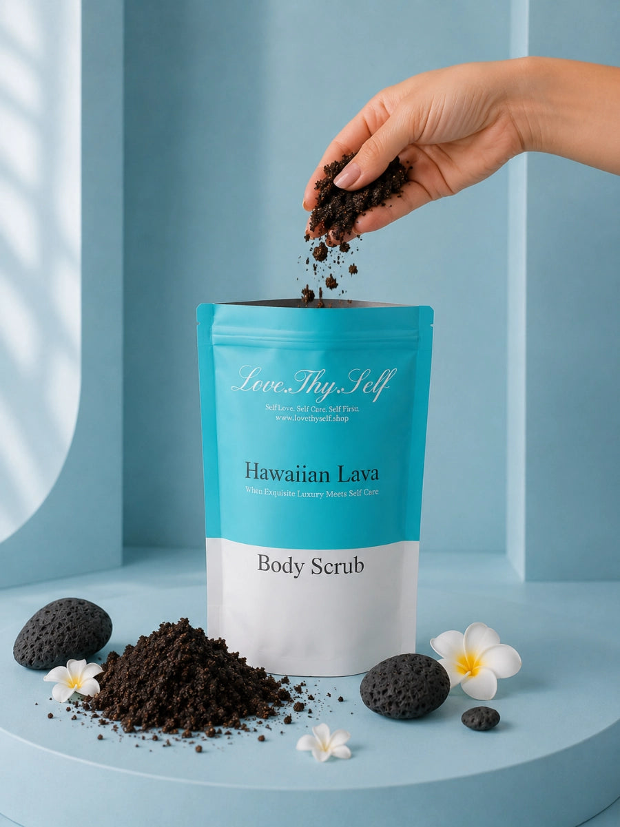 LoveThySelf Hawaiian Lava Body Scrub with volcanic scrub pouring into an open pouch, surrounded by lava stones and white tropical flowers.