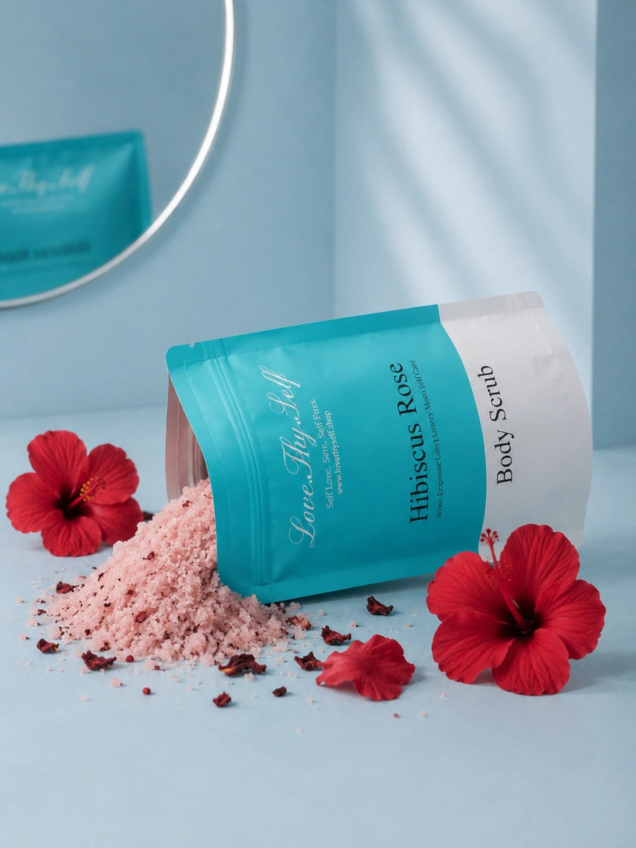 Hibiscus Rose scrub, spilling out of pouch, surrounded by flowers set against a blue bathroom setting
