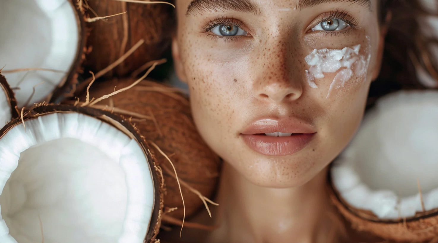 Model with radiant skin surrounded by natural ingredients, representing the LoveThySelf approach to mindful skincare