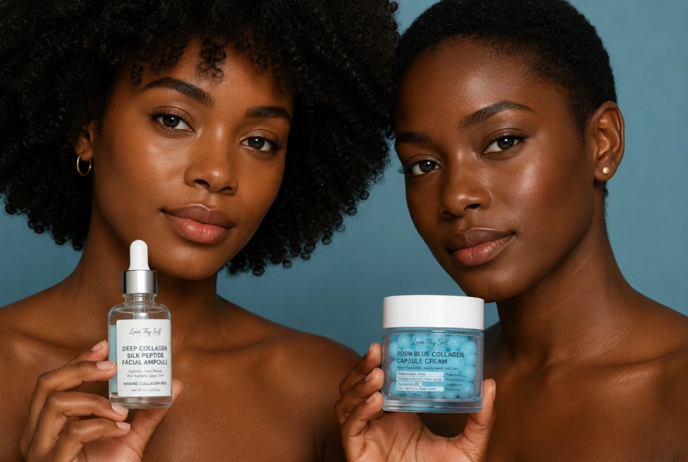 Two women holding LoveThySelf skincare products, representing expert skincare advice and healthy, radiant skin