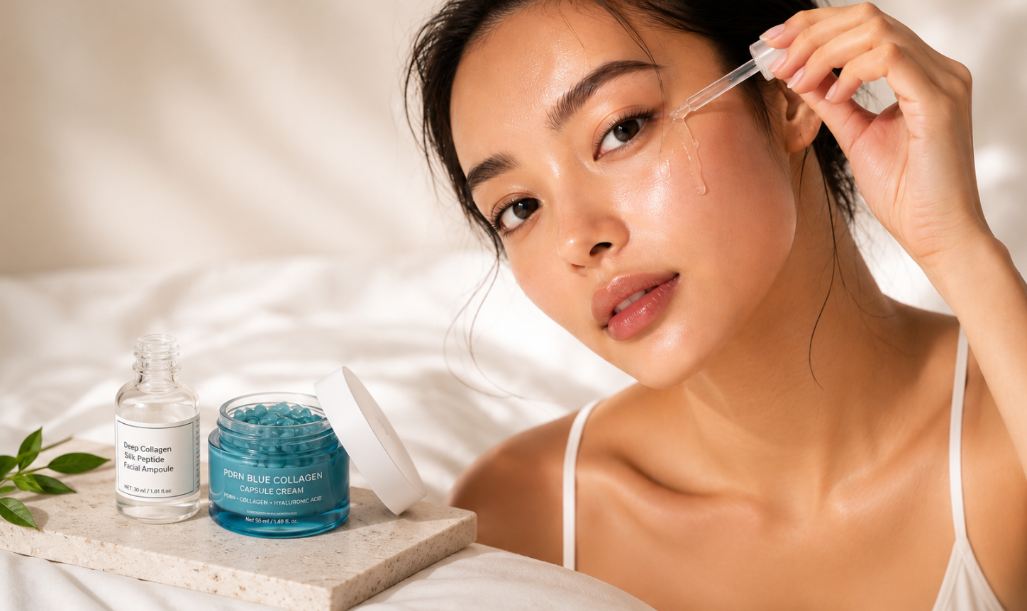 Model applying LoveThySelf Deep Collagen Silk Peptide Facial Ampoule as part of a luxury skincare routine