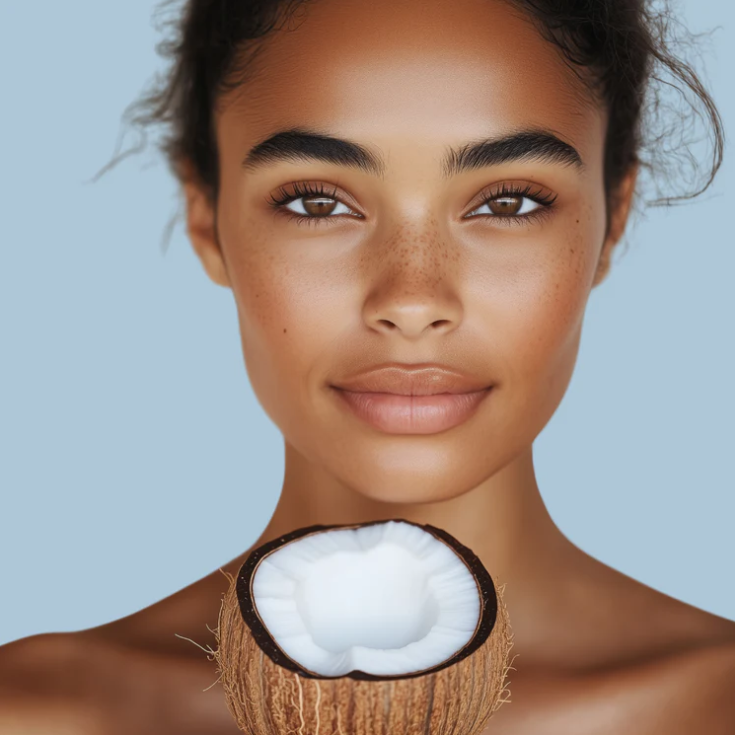 Woman holding a coconut, representing LoveThySelf's promise of natural ingredients and mindful skincare